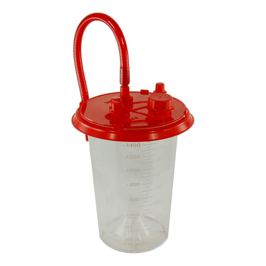 A Baxter Reusable Canister, 1500ML, &quot;Red Top&quot; with measurement markings up to 1400 cc, featuring a red lid and integrated tubing. The lid has ports and seals for attaching medical suction equipment.