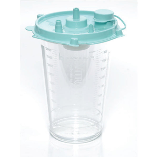 A Vitruvian Liposuction Canister, Single Use, Non-Sterile, 2000CC, featuring a light blue lid that has multiple ports and a closed cap. The container is designed for precise liquid measurement and containment.