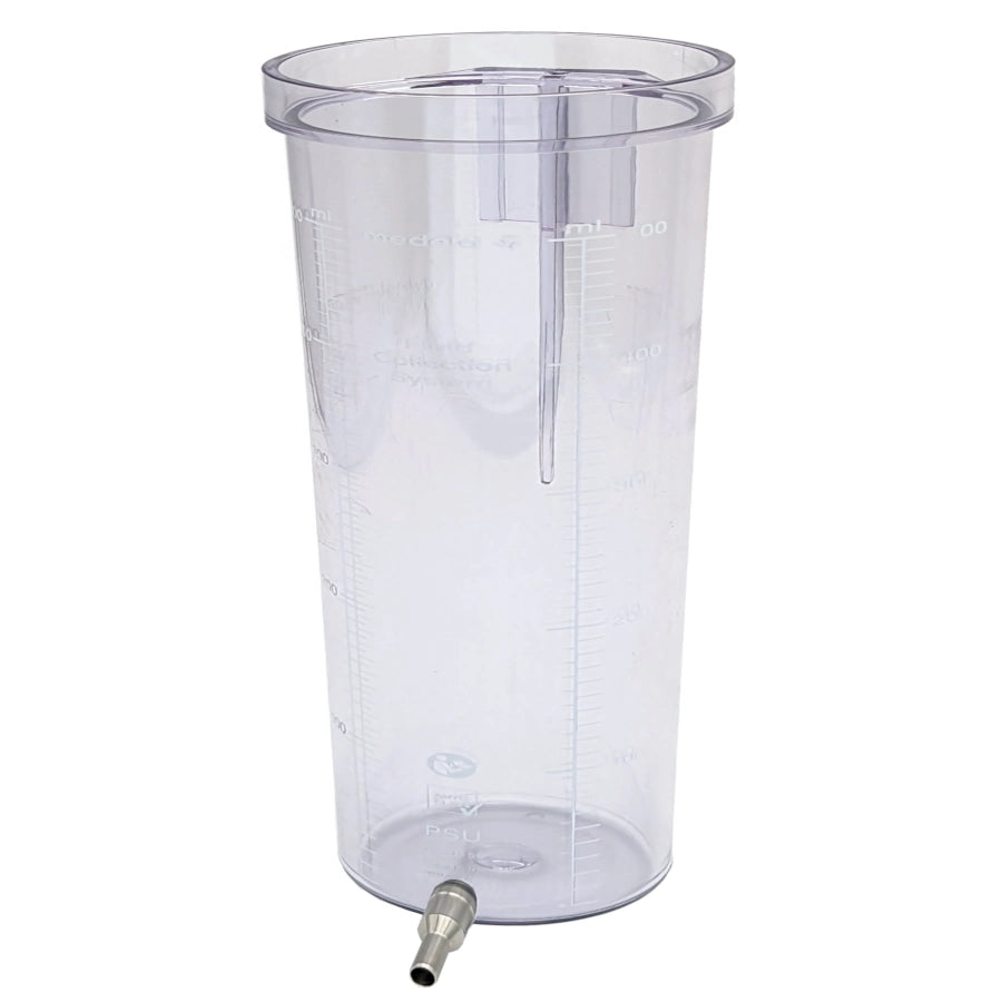 A transparent plastic container with measurement markings, featuring a spout at the bottom and a secure lid. The cylindrical design suggests it may be used for measuring or dispensing liquids, making it an ideal addition to any collection of Reusable Canisters With Port / No Lid.