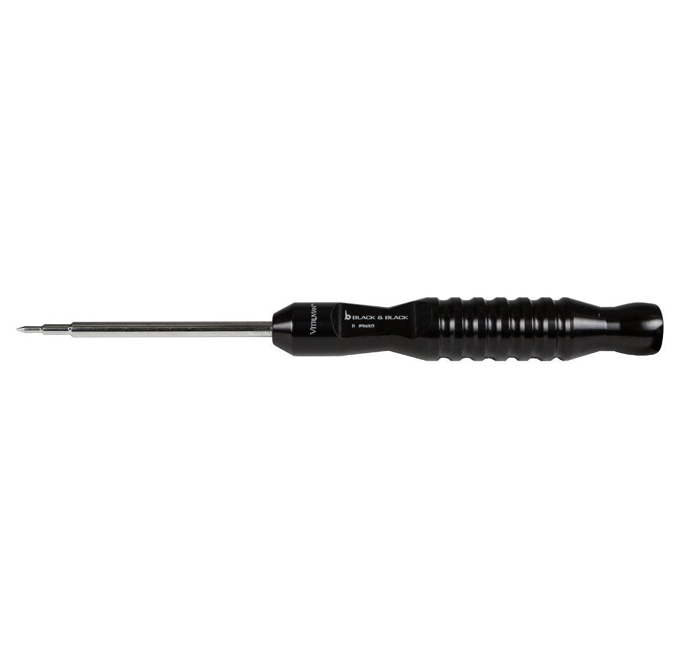 A black Entrease-Variable Depth Punch Used To Make Inital Stab Wound For Cannula, 10″ (25cm) with a textured handle and a long, thin shaft with a small Phillips head tip. The product appears to be designed for detailed or delicate work, such as electronics or fine mechanical components.