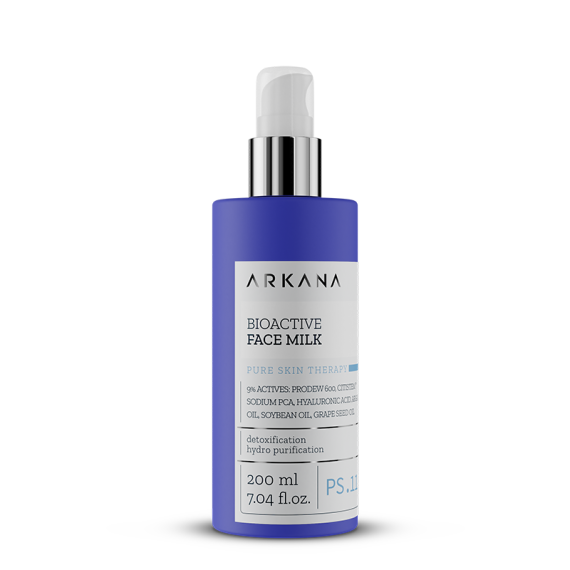 A blue and white pump bottle labeled "Bioactive Face Milk 200ml" contains nourishing face milk with bioactive skincare ingredients such as hyaluronic acid and grape seed oil, perfect for pure skin therapy.
