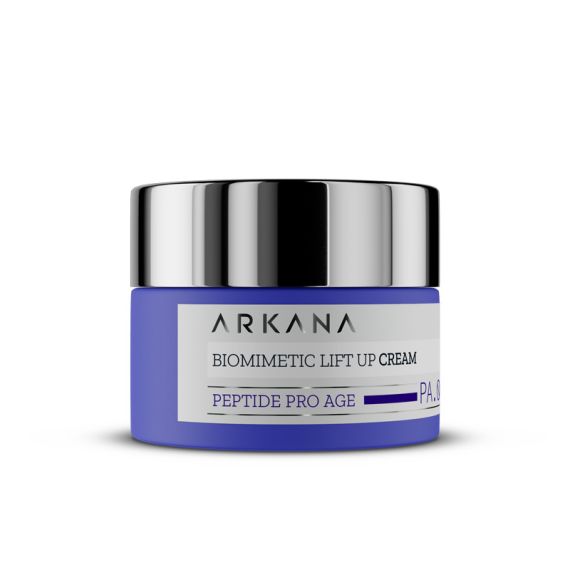 A blue and silver 50ml jar labeled "Biomimetic Lift Up Cream 50ml" appears against a white background.