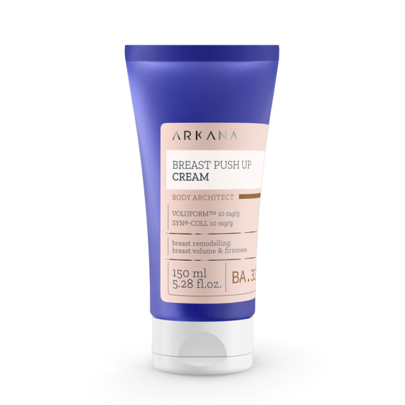 The Breast Push Up Cream 150ml is a purple and beige tube highlighting key ingredients, designed to support breast volume and firmness. Volume: 150 ml (5.28 fl. oz.).