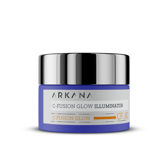 A small blue jar with a shiny silver lid labeled "C-Fusion Glow Illuminator 50ml" is displayed on a plain white background.
