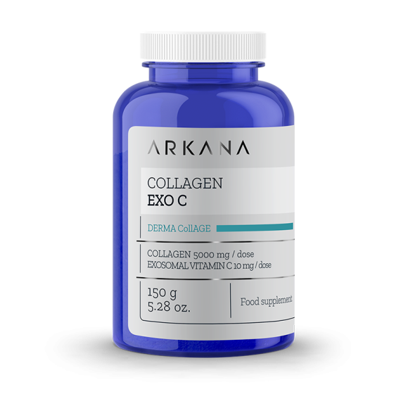A blue bottle labeled "Collagen Exo C" contains 150g of food supplement with collagen and exosomal vitamin C. The white and blue label shows product details and highlights the benefits of Collagen and Exo C.