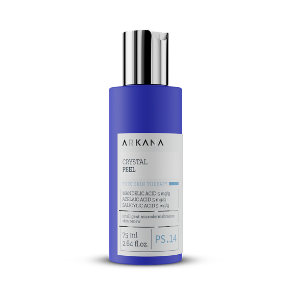 A blue and silver 75ml bottle of Crystal Peel features a pump dispenser and highlights exfoliating ingredients like mandelic, azelaic, and salicylic acids.