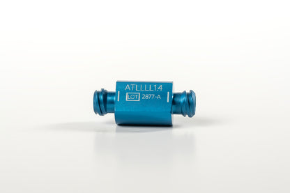 A small, cylindrical blue component with two flanges on either end, likely part of the Anaerobic &amp; Sizing Transfers™ system. The part has printed text on the side reading &