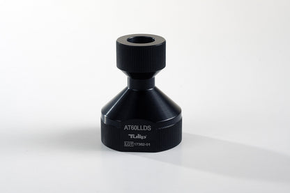 A black metal Decanting Stand™ labeled &quot;AT60LLDS Tulip&quot; with a conical shape, a cylindrical top with a hole in the center, and a round base. Designed for anaerobic transfers, the instrument features corrugated sections for grip, and &quot;LOT17382-01&quot; is printed on its base.