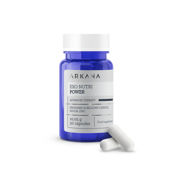 A blue bottle labeled "EXO Nutri Power" with white and gray details contains 30 capsules. Two white capsules are displayed in front of the bottle on a white background.