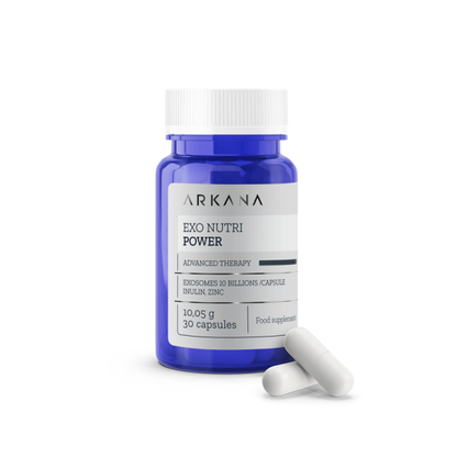 A blue bottle labeled "EXO Nutri Power" with white and gray details contains 30 capsules. Two white capsules are displayed in front of the bottle on a white background.