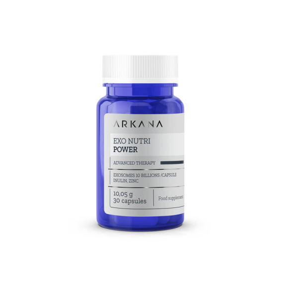 A blue bottle labeled "EXO Nutri Power" contains 30 capsules of a nutrition supplement with Exosomes (10 billion per capsule), Inulin, and Zinc, weighing a total of 10.05g.