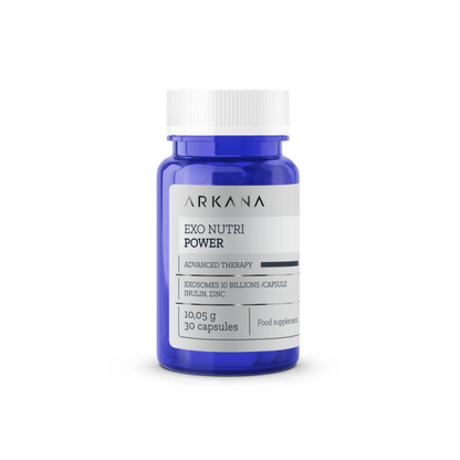 A blue bottle labeled "EXO Nutri Power" contains 30 capsules of a nutrition supplement with Exosomes (10 billion per capsule), Inulin, and Zinc, weighing a total of 10.05g.