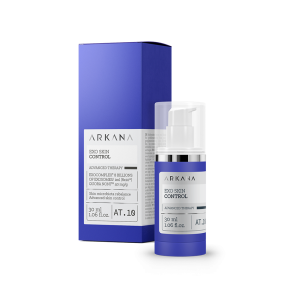 A blue and white 30ml EXO Skin Control bottle with a matching blue box beside it. The label lists key features in English and Polish.