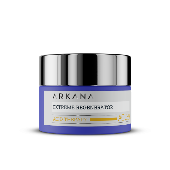 A blue and silver jar labeled "Extreme Regenerator 50ml" is shown on a white background. The skin regenerator features a reflective silver lid and modern, minimalistic design.