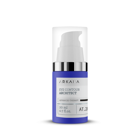 A blue and white 20 ml (0.7 fl oz) bottle of Eye Contour Architect advanced therapy eye cream, with a pump dispenser and silver accents.