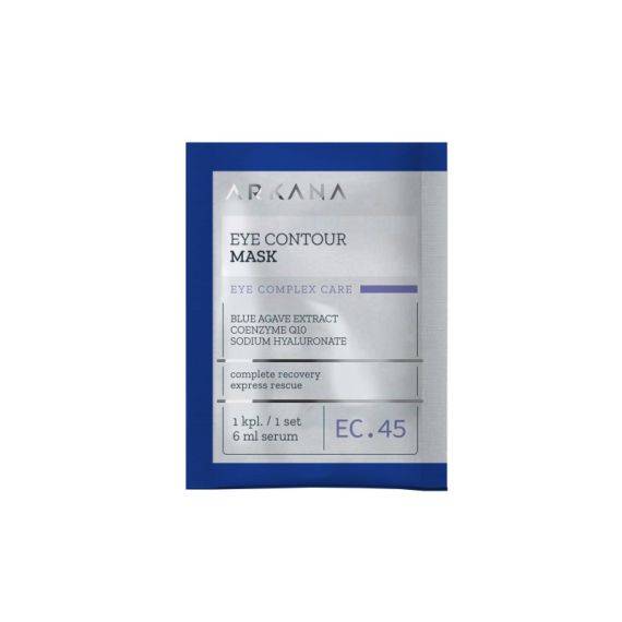 A blue and white sachet labeled "Eye Contour Mask 1stk." for eye care, featuring blue agave extract, coenzyme Q10, and sodium hyaluronate. Each package includes 1 set with 6 ml of serum.