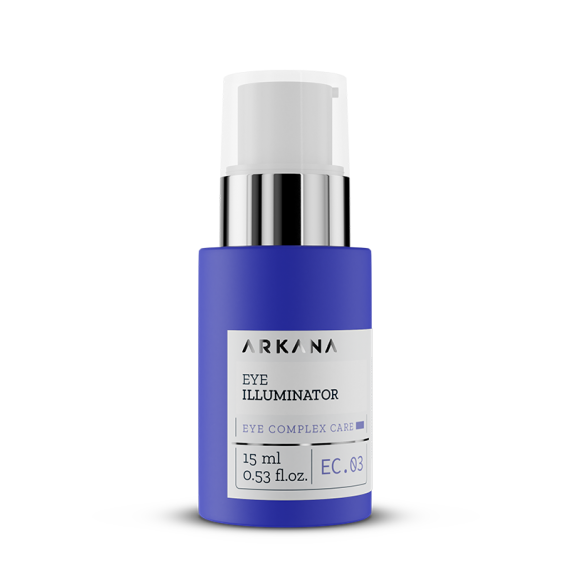 A blue bottle of Eye Illuminator 15ml with a white and silver pump dispenser, labeled EC.03. The label highlights its 15 ml (0.53 fl. oz.) size—ideal for targeting dark circles under the eyes.