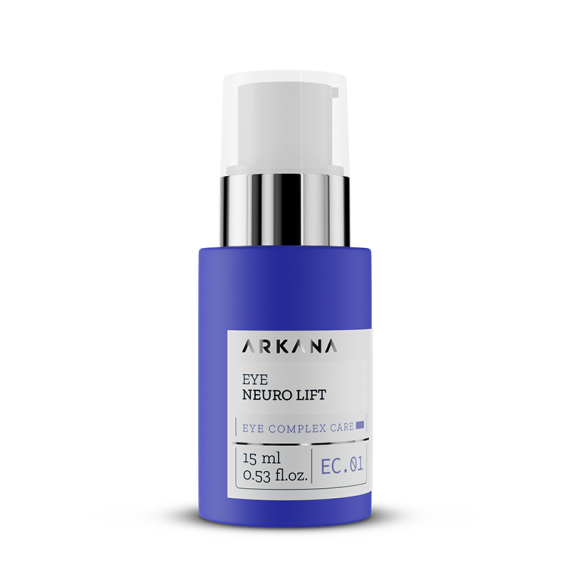 A 15ml blue and white bottle of Eye Neuro Lift with a pump dispenser and silver accents, designed as an anti-aging eye serum for complex care.