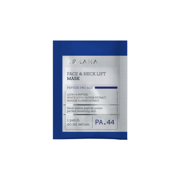 A blue and white packet labeled "Face &amp; Neck mask 1stk." contains one neck mask patch with 40 ml serum, enriched with peptide, white lotus flower, and passion flower extracts.
