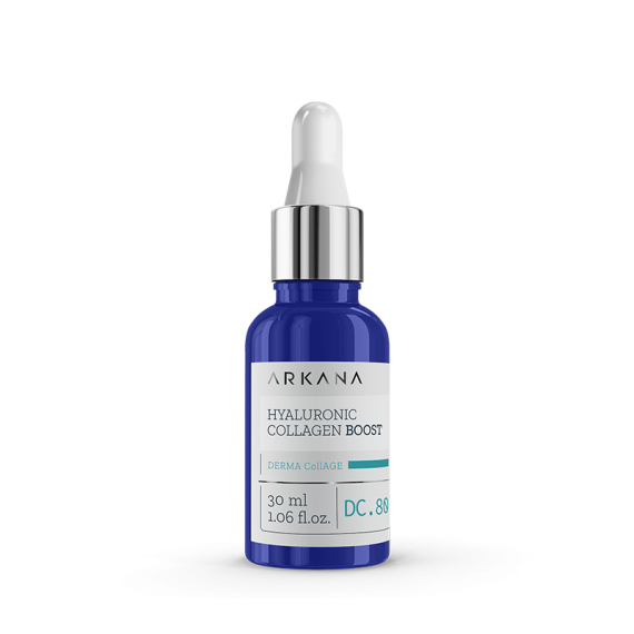 A blue dropper bottle labeled "Hyaluronic Collagen Boost 30ml" stands upright on a white background, emphasizing its potent hyaluronic and collagen boosting formula.