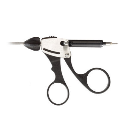 A reusable and autoclavable black and silver MicroTouch™ Ring Handle for Bipolar Coagulation Forceps that resembles a pair of scissors with two finger holes, a needle extending from one end, and a compact design – ideal for precision work in tattooing.