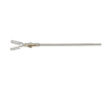 A long, metallic laparoscopic instrument from the MicroTouch™ Bipolar Forceps, Detachable, 3mm Shaft series with a scissor-like handle and a clamp at the end, used in surgical procedures. The clamp has textured gripping surfaces for securely holding tissues. The instrument is positioned horizontally against a white background.