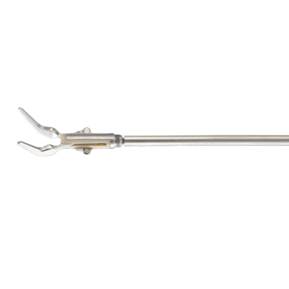 A long, silver-colored surgical instrument with a slender handle and a curved, articulated clamp at the end. Part of the MicroTouch™ Bipolar Forceps, Detachable, 3mm Shaft series, its clamp is designed to grip objects securely and is commonly used in medical procedures for handling delicate tissues or small items.