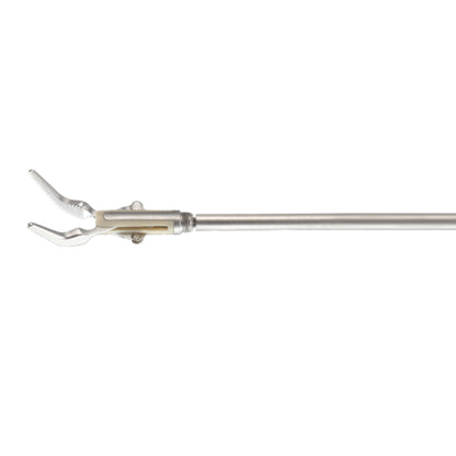 A long, silver-colored surgical instrument with a slender handle and a curved, articulated clamp at the end. Part of the MicroTouch™ Bipolar Forceps, Detachable, 3mm Shaft series, its clamp is designed to grip objects securely and is commonly used in medical procedures for handling delicate tissues or small items.