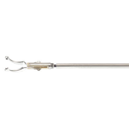 A metal grabbing tool with a claw-like mechanism at the end of a long, slender handle. Ideal for hard-to-access places, the claw has a spring-loaded grip to secure objects firmly. Part of the MicroTouch™ Bipolar Forceps, Detachable, 3mm Shaft series, it&