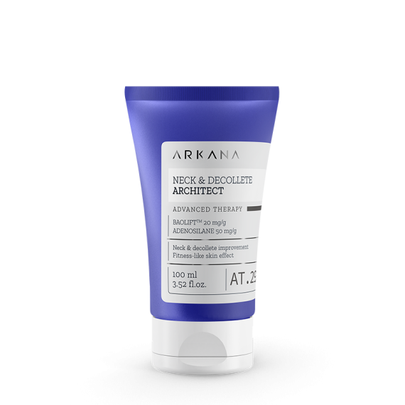 A blue and white tube labeled "Neck &amp; Decollete Arcihtect 100ml" stands upright on a plain white background—ideal for your skincare or decollete routine.