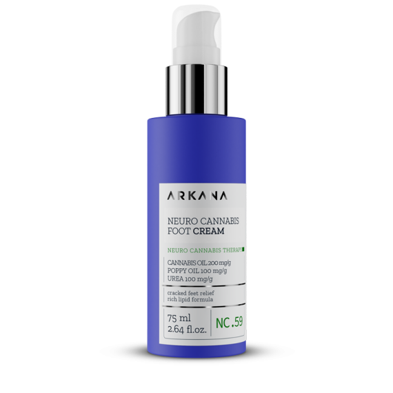 A blue and white pump bottle labeled "Arkana Neuro Cannabis Foot Cream" (75 ml/2.64 fl. oz.) with cannabis oil, poppy oil, and urea for cracked feet—an ideal match to your Neuro Cannabis Hand &amp; Body Balm 200ml routine.