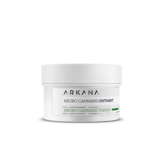 A white jar labeled "Neuro Cannabis Ointment 50ml" with green accents and "Neuro Cannabis Therapy" on the front is displayed against a plain white background, showcasing this innovative neuro ointment.