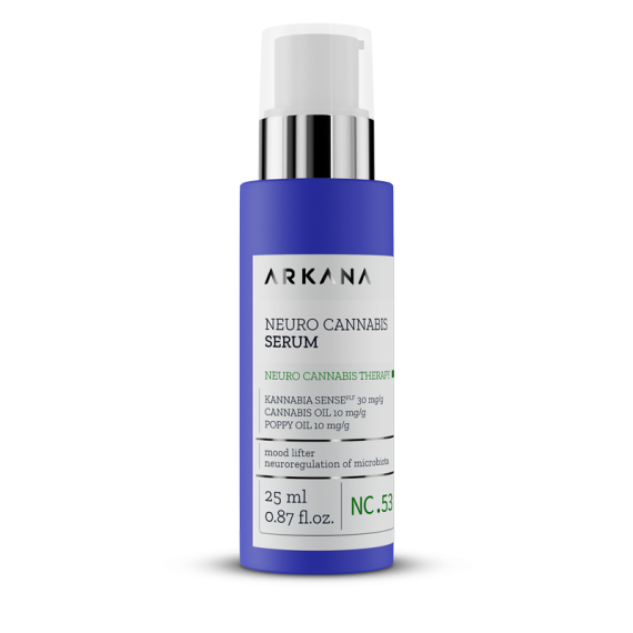 The Neuro Cannabis Serum 25ml comes in a blue and white bottle with a silver pump, offering targeted skincare benefits with cannabis oil and poppy oil.