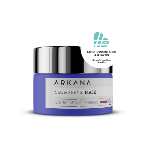 A blue and silver jar labeled "Neuro Sensi Mask 50 ml" for sensitive skin, with a round "Love Cosmetics Awards 2021" badge in the top right corner, is placed on a plain white background.
