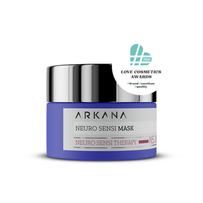 A blue and silver jar labeled "Neuro Sensi Mask 50 ml" for sensitive skin, with a round "Love Cosmetics Awards 2021" badge in the top right corner, is placed on a plain white background.