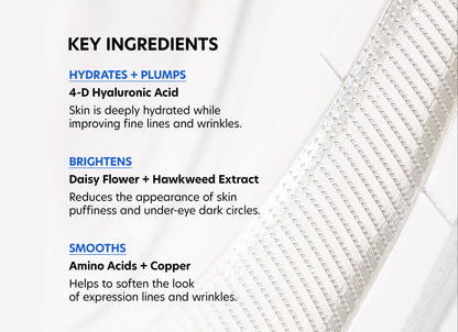 An informational image detailing the key ingredients of the Hyaluronic Acid Microneedle Eye Patches (4 sets) with anti-aging benefits. The ingredients listed are: 4-D Hyaluronic Acid which hydrates and plumps skin, Daisy Flower + Hawkweed Extract which brightens skin, and Amino Acids + Copper which smooths skin.