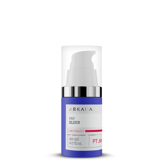 A blue bottle with a white pump and clear cap labeled "PRP Elixir 20ml." This 0.7 fl. oz. serum is designed for advanced skin rejuvenation treatments.