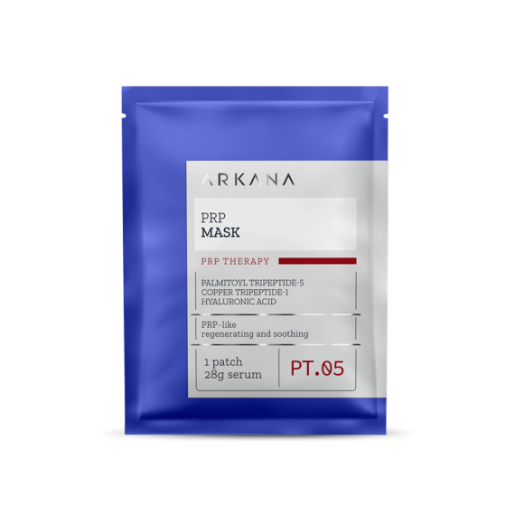 A blue and white packet labeled "PRP Mask 1stk." features PRP therapy ingredients for skin rejuvenation, with "regenerating and soothing" properties. The face mask includes 1 patch and 28g of serum.