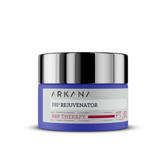 A small blue jar with a shiny silver lid labeled "PRP Rejuvenator 50ml" sits against a plain background, emphasizing its function as an advanced PRP serum for skin rejuvenation.