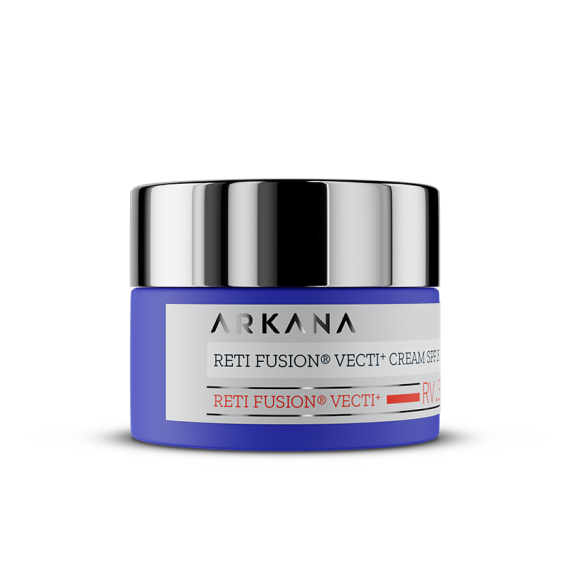 A blue and silver jar of Reti Fusion® Vecti+ Cream SPF15 50ml is shown against a white background, with the label displaying the product name in black and red text.