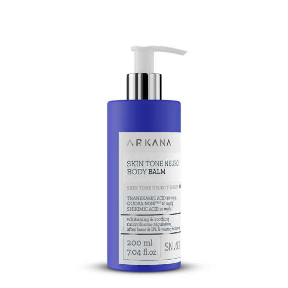 A blue pump bottle labeled "SKIN Tone Neuro Body Balm 200ml" provides skin tone therapy with tranexamic acid, quinoa, and shikimic acid for radiant, even-toned skin.