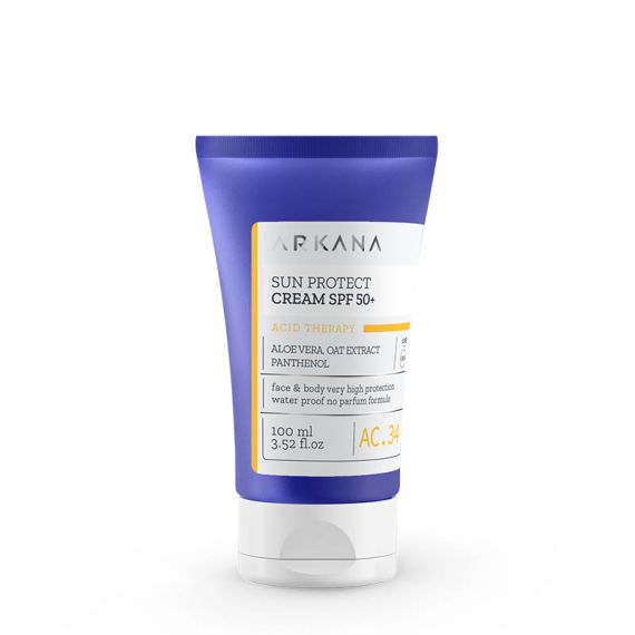 The Sun Protect Cream SPF50+ 100ml comes in a blue and white tube with a white cap and yellow label accents, providing high sun protection for your skin.