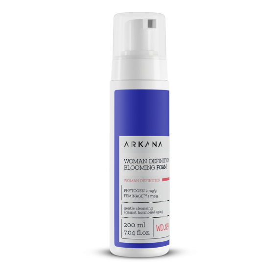 A 200ml white and blue pump bottle of Woman Definition Blooming Foam stands upright on a white background, offering gentle cleansing foam for women.