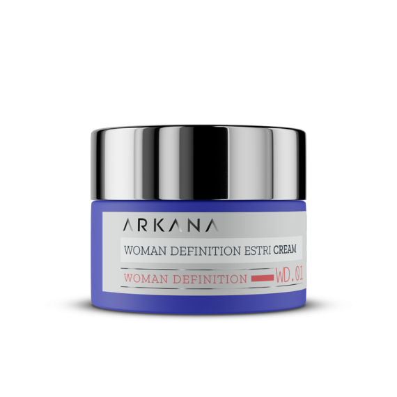 A blue and silver 50ml jar labeled "Woman Definition Estri Cream 50ml" features "Woman Definition" and "WD.01" on a white background.