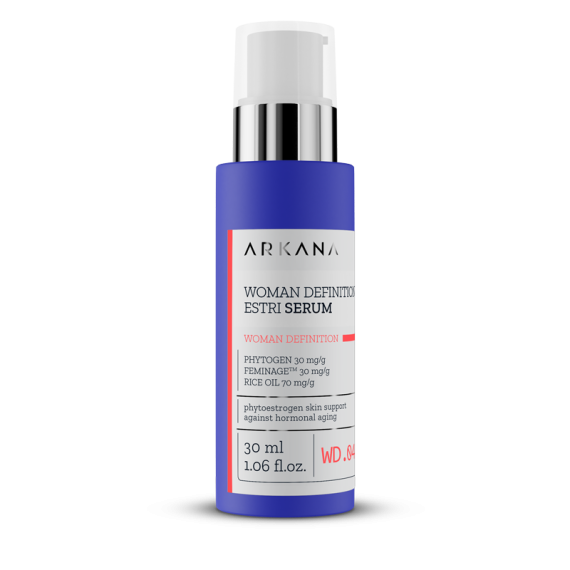 A 30ml bottle of Woman Definition Estri Serum features a blue design with a white label, silver pump, and red accents, highlighting key ingredients such as phytoestrogen and rice oil (1.06 fl. oz).