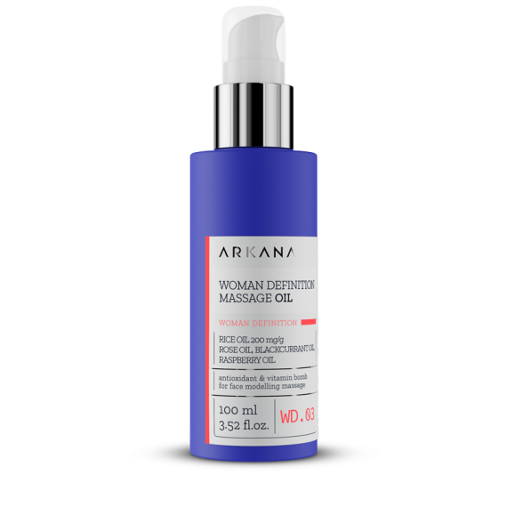 A 100ml blue bottle of Woman Definition Massage Oil with a white pump and silver collar, featuring a label highlighting rose, blackcurrant, and raspberry oils plus antioxidants and vitamins—ideal for nourishing massages.