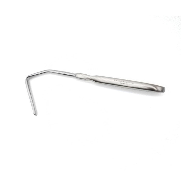 A periodontal probe featuring a metallic handle and an angled, narrow tip used for measuring pocket depths around a tooth in dental examinations. The instrument, reminiscent of an Aufricht Stainless Steel Retractor, 7″ (18cm), 45mm Tapered Blade with its precision design, is displayed on a white background.