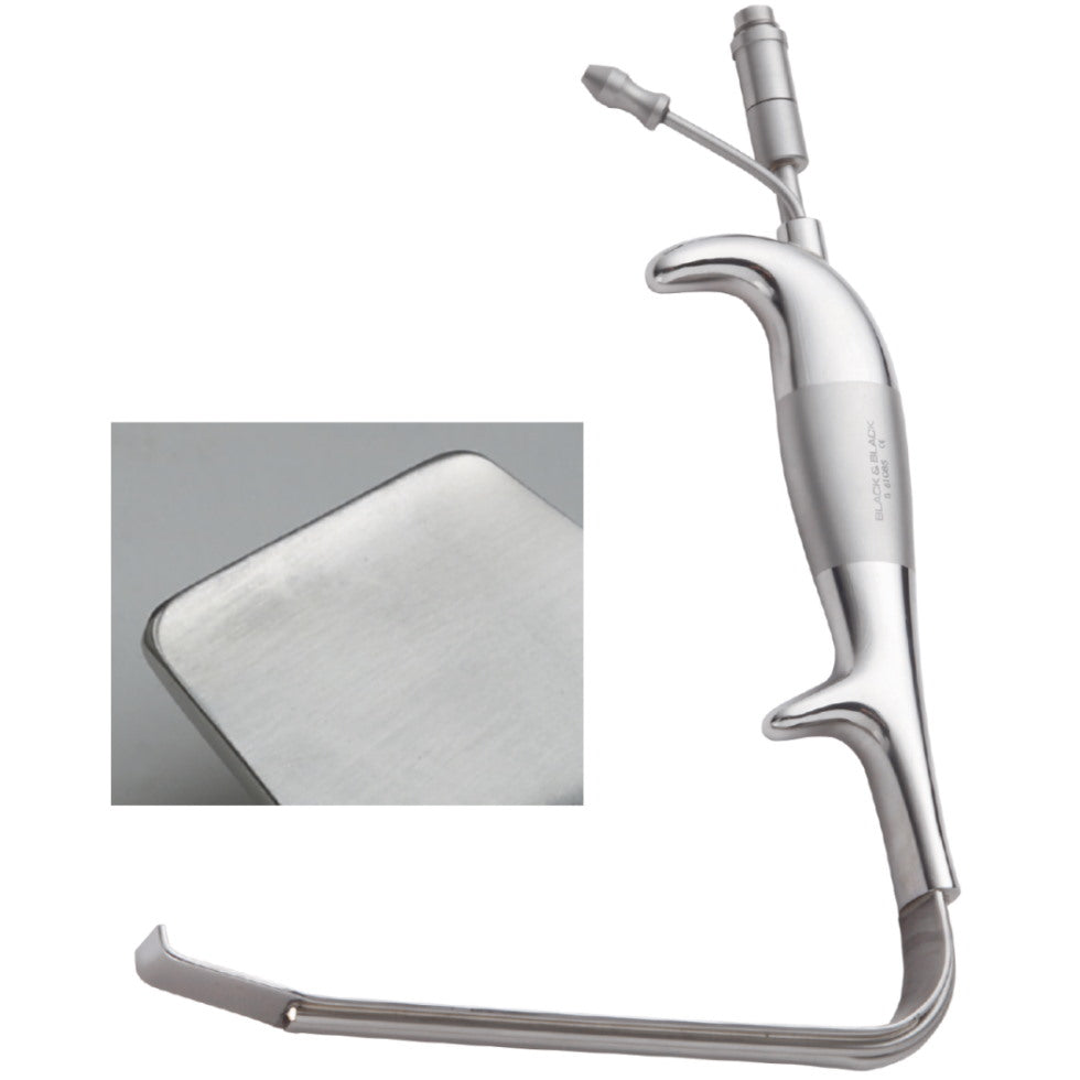 An image featuring a Tebbetts Fiber-Optic Retractor, With Suction, a medical instrument used to view the vocal folds and glottis. It has a sleek, metallic appearance with a curved blade and integrated light source. An inset shows a close-up of the blade&