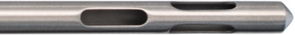 Close-up view of an Accelerator Cannula, Large Handle, Straight with two oval-shaped slots cut into its surface. The object has a smooth, polished finish and the slots are evenly spaced along its length, ensuring an easy tubing connection. The end appears to be tapered slightly.
