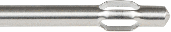 Close-up image of a gray metallic tube with a smooth cylindrical shape and two flat notches near the end, resembling components found in Basket Cannula, 60CC Toomey Syringe Hub. The material appears polished and reflective. The background is plain and white, highlighting the tube&